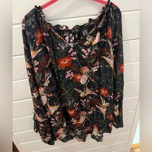 Jessica Simpson Terry Printed Ruffle-Trim Blouse Top Tassel Bell Sleeve Birds 2X